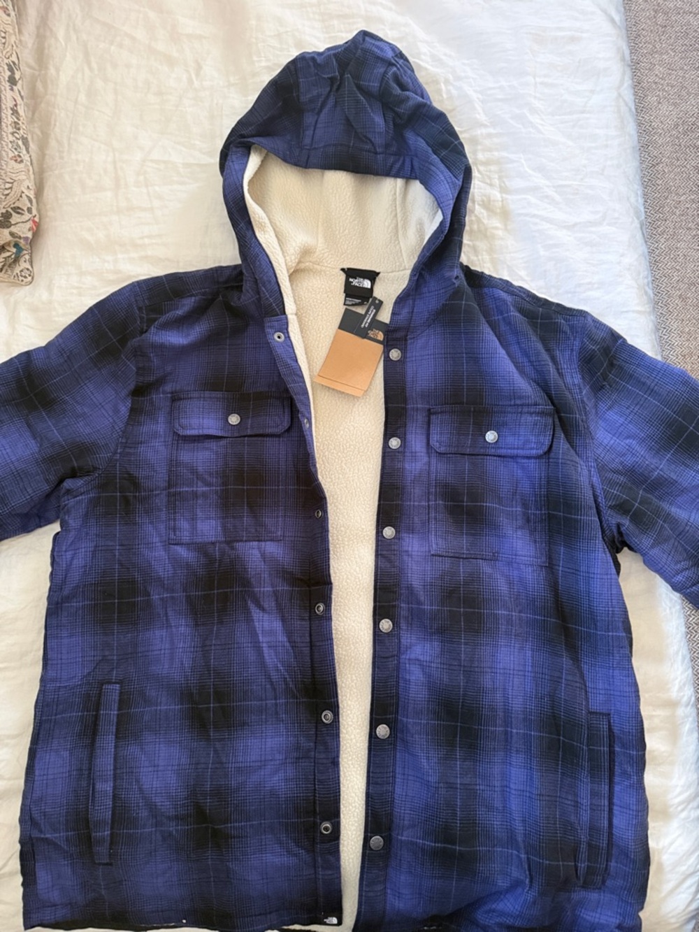 The North Face Blue Plaid Sherpa-Lined Hooded Shirt Jacket